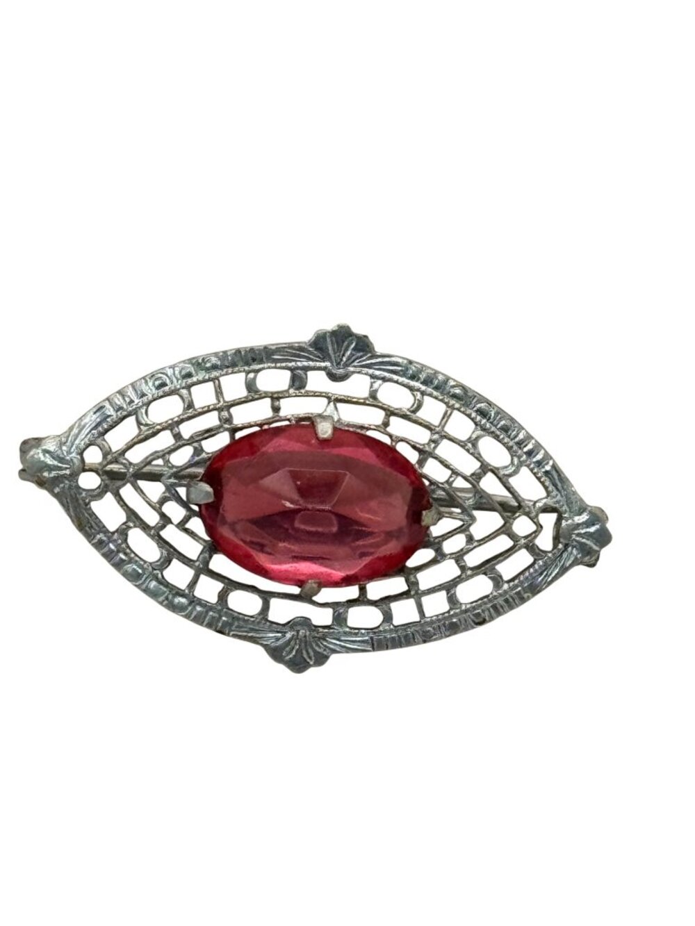 14K Filigree Brooch Red Pink GlassSilver Tone Gold Filled  Oval Stone1.75" Vtg